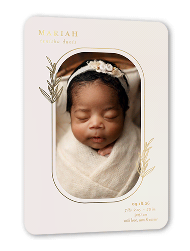 Gilded Leaf Birth Announcement, Gold Foil, Beige, 5x7, Matte, Personalized Foil Cardstock, Rounded