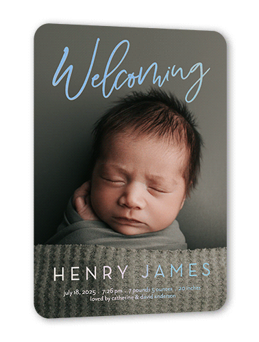Gleaming Welcome Birth Announcement, Iridescent Foil, White, 5x7, Matte, Personalized Foil Cardstock, Rounded