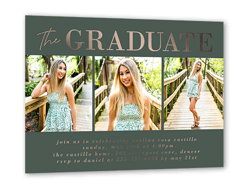 Shining Style Graduation Invitation, Green, Rose Gold Foil, 5x7, Matte, Personalized Foil Cardstock, Square