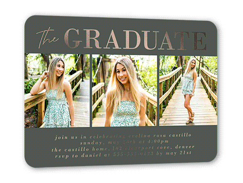 Shining Style Graduation Invitation, Rose Gold Foil, Green, 5x7, Matte, Personalized Foil Cardstock, Rounded