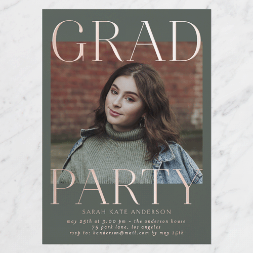 Proud Type Graduation Invitation, Green, Rose Gold Foil, 5x7, Matte, Personalized Foil Cardstock, Square