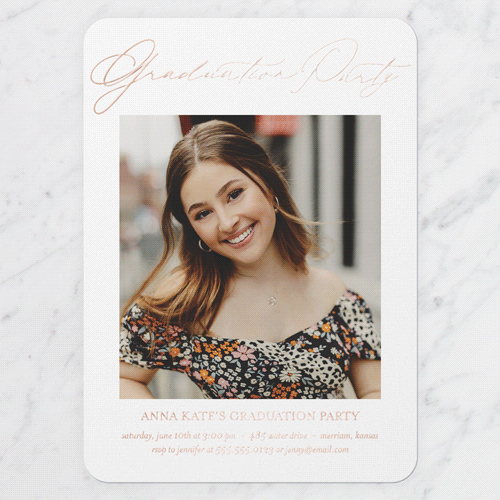 Radiant Type Graduation Invitation, White, Rose Gold Foil, 5x7, Matte, Personalized Foil Cardstock, Rounded, White