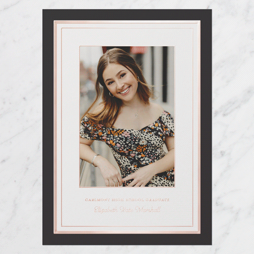Layered Frame Graduation Announcement, Black, Rose Gold Foil, 5x7, Matte, Personalized Foil Cardstock, Square