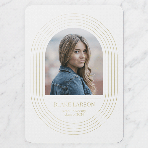 Elaborate Oval Graduation Announcement, Gold Foil, White, 5x7, Matte, Personalized Foil Cardstock, Rounded
