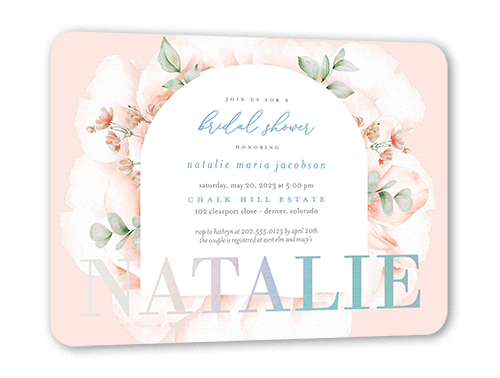 Soft Floral Arches Bridal Shower Invitation, Pink, Iridescent Foil, 5x7, Matte, Personalized Foil Cardstock, Rounded, Chenille