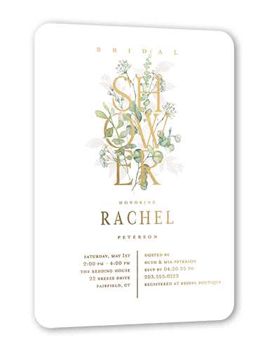 Stacked Shower Bridal Shower Invitation, Gold Foil, White, 5x7, Matte, Personalized Foil Cardstock, Rounded, White