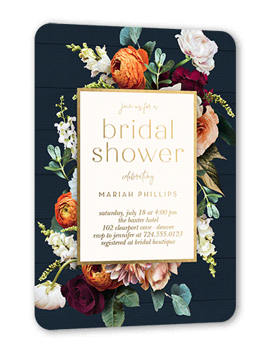Autumnal Bouquet Bridal Shower Invitation, Gold Foil, Blue, 5x7, Matte, Personalized Foil Cardstock, Rounded