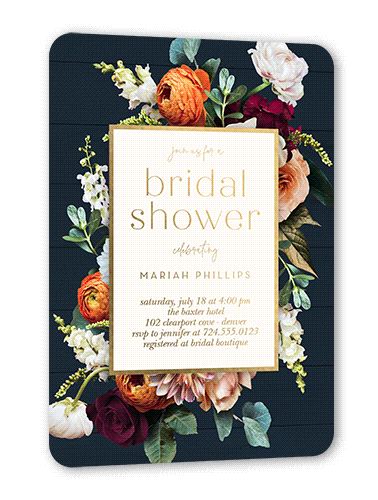 Autumnal Bouquet Bridal Shower Invitation, Gold Foil, Blue, 5x7, Matte, Personalized Foil Cardstock, Rounded, Midnight
