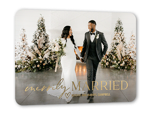 Merrily Wedded Holiday Card, Black, Gold Foil, 5x7, Holiday, Matte, Personalized Foil Cardstock, Rounded, Black