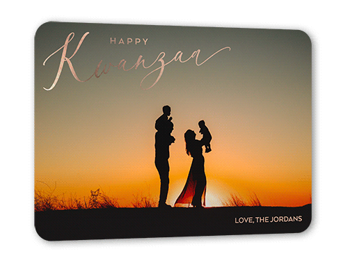 Illuminating Overlay Holiday Card, White, Rose Gold Foil, 5x7, Kwanzaa, Matte, Personalized Foil Cardstock, Rounded