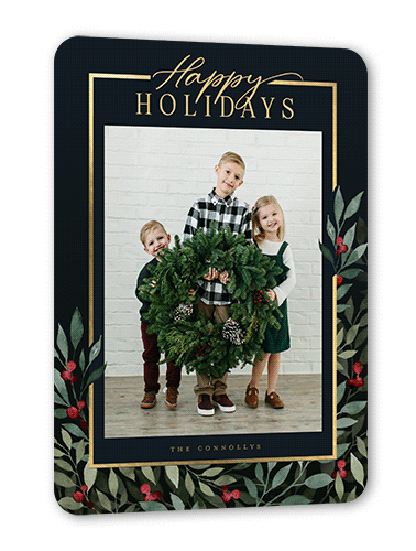 Beaming Berries Holiday Card, Gold Foil, Black, 5x7, Holiday, Matte, Personalized Foil Cardstock, Rounded, Black