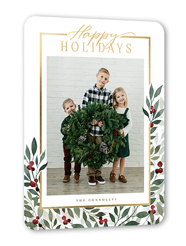 Beaming Berries Holiday Card, Gold Foil, White, 5x7, Holiday, Matte, Personalized Foil Cardstock, Rounded, White