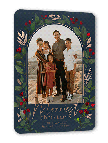 Glistening Greenery Holiday Card, Black, Rose Gold Foil, 5x7, Christmas, Matte, Personalized Foil Cardstock, Rounded