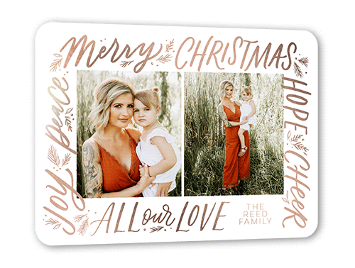 Framed Sentiments Holiday Card, Rose Gold Foil, White, 5x7, Christmas, Matte, Personalized Foil Cardstock, Rounded