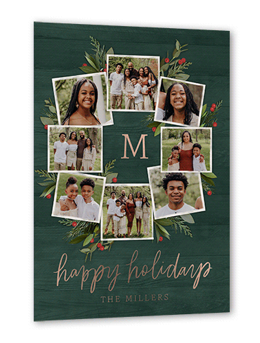 Photo Wreath Holiday Card, Green, Rose Gold Foil, 5x7, Holiday, Matte, Personalized Foil Cardstock, Square