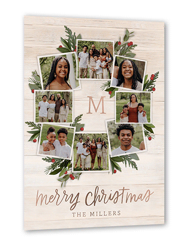 Photo Wreath Holiday Card, Beige, Rose Gold Foil, 5x7, Christmas, Matte, Personalized Foil Cardstock, Square