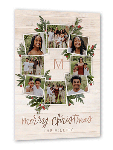 Photo Wreath Holiday Card, Rose Gold Foil, Beige, 5x7, Christmas, Matte, Personalized Foil Cardstock, Square, Antique White