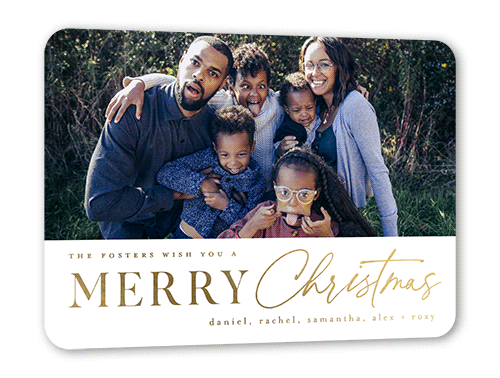 Scripted Spirit Holiday Card, Gold Foil, White, 5x7, Christmas, Matte, Personalized Foil Cardstock, Rounded