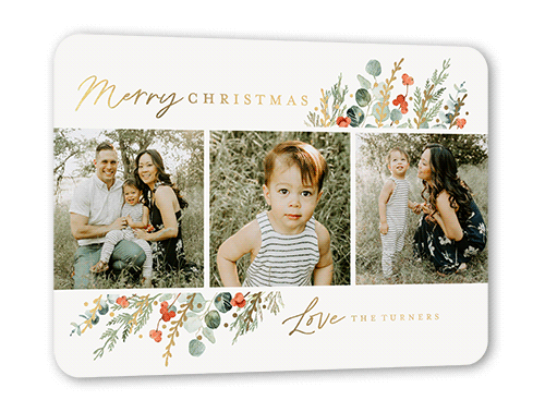 Winter Wildflowers Holiday Card, Beige, Gold Foil, 5x7, Christmas, Matte, Personalized Foil Cardstock, Rounded