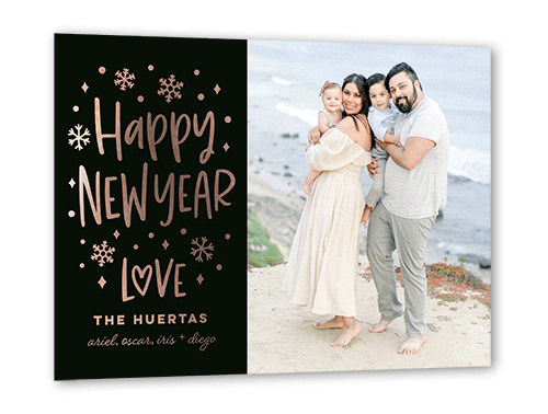 Snowy Affection Holiday Card, Rose Gold Foil, Black, 5x7, New Year, Matte, Personalized Foil Cardstock, Square