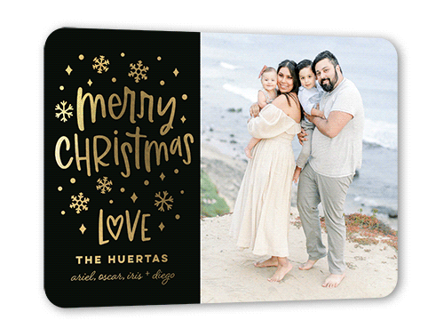 Snowy Affection Holiday Card, Gold Foil, Black, 5x7, Christmas, Matte, Personalized Foil Cardstock, Rounded