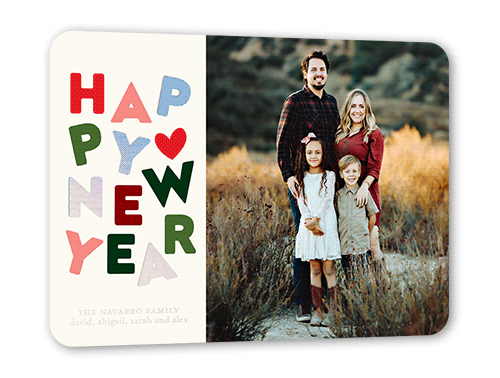 Fun Love Holiday Card, Iridescent Foil, Beige, 5x7, New Year, Matte, Personalized Foil Cardstock, Rounded, White