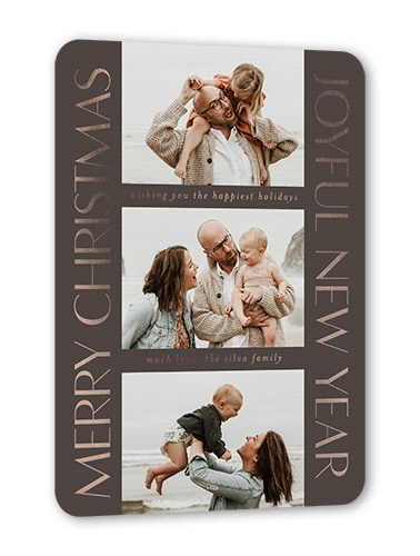 Traditional Type Holiday Card, Grey, Rose Gold Foil, 5x7, Christmas, Matte, Personalized Foil Cardstock, Rounded