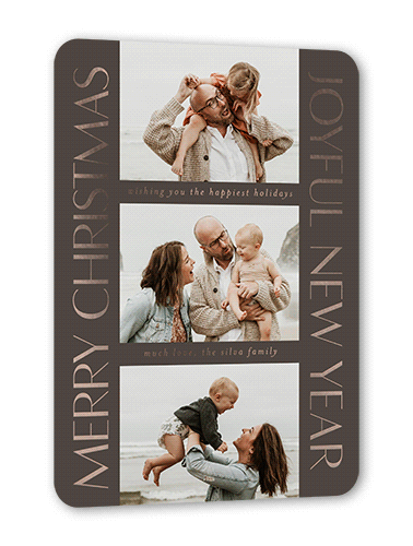 Traditional Type Holiday Card, Rose Gold Foil, Grey, 5x7, Christmas, Matte, Personalized Foil Cardstock, Rounded