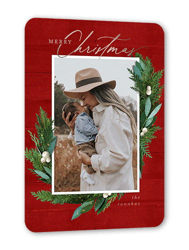 Fancy Holly Frame Holiday Card, Red, Rose Gold Foil, 5x7, Christmas, Matte, Personalized Foil Cardstock, Rounded