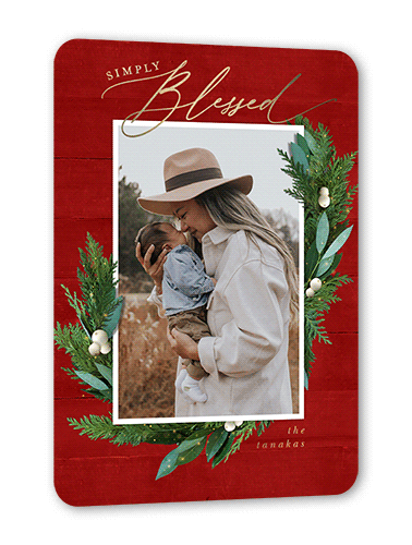 Fancy Holly Frame Holiday Card, Red, Gold Foil, 5x7, Religious, Matte, Personalized Foil Cardstock, Rounded