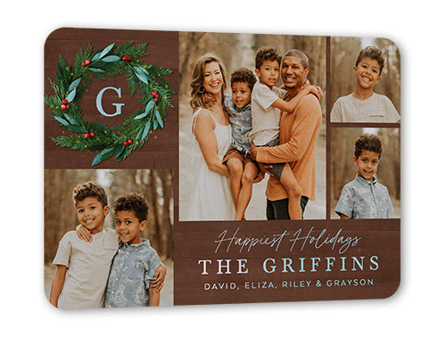 Rustic Holly Wreath Holiday Card, Brown, Iridescent Foil, 5x7, Holiday, Matte, Personalized Foil Cardstock, Rounded