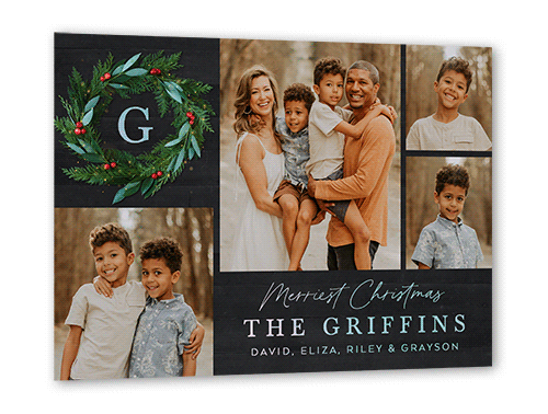 Rustic Holly Wreath Holiday Card, Black, Iridescent Foil, 5x7, Christmas, Matte, Personalized Foil Cardstock, Square