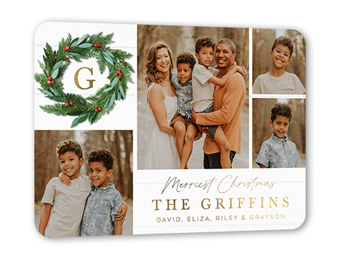 Rustic Holly Wreath Holiday Card, White, Gold Foil, 5x7, Christmas, Matte, Personalized Foil Cardstock, Rounded, White