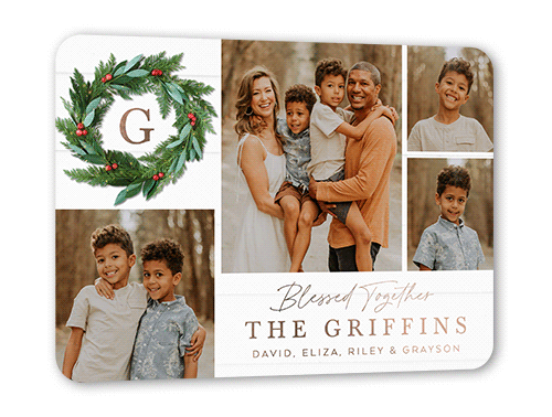 Rustic Holly Wreath Holiday Card, White, Rose Gold Foil, 5x7, Religious, Matte, Personalized Foil Cardstock, Rounded, White