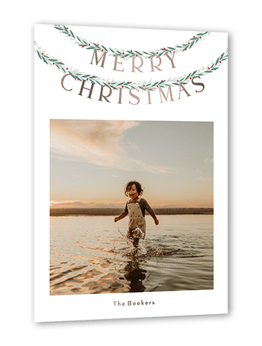 Garland Glint Holiday Card, White, Rose Gold Foil, 5x7, Christmas, Matte, Personalized Foil Cardstock, Square, White