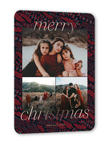 Twilight Holly Holiday Card, Red, Rose Gold Foil, 5x7, Christmas, Matte, Personalized Foil Cardstock, Rounded
