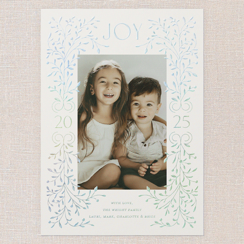 Foil Botanical Joy Holiday Card, Beige, Iridescent Foil, 5x7, Holiday, Matte, Personalized Foil Cardstock, Square, Antique White