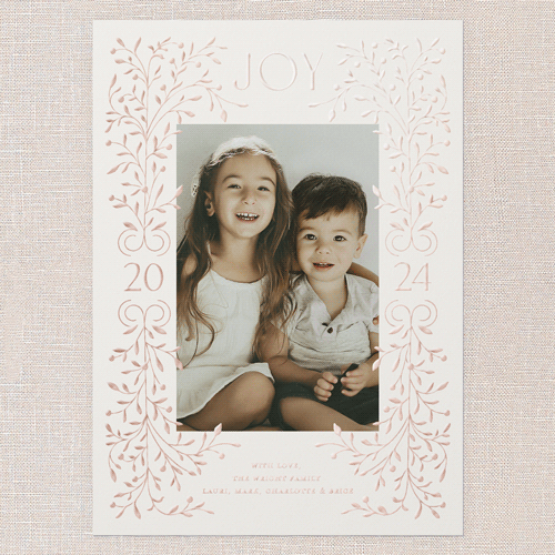 Foil Botanical Joy Holiday Card, Beige, Rose Gold Foil, 5x7, Holiday, Matte, Personalized Foil Cardstock, Square
