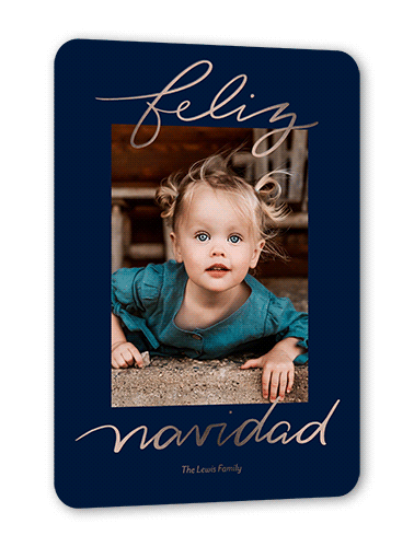 Foil Greetings Holiday Card, Blue, Rose Gold Foil, 5x7, Feliz Navidad, Matte, Personalized Foil Cardstock, Rounded, Navy
