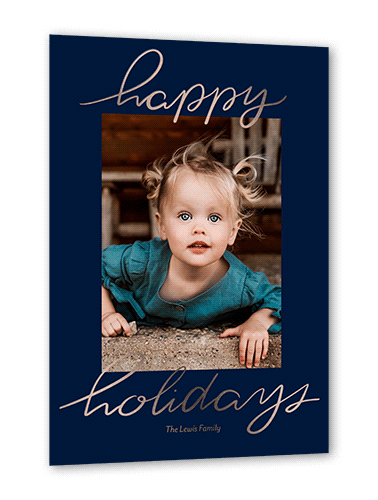 Foil Greetings Holiday Card, Blue, Rose Gold Foil, 5x7, Holiday, Matte, Personalized Foil Cardstock, Square, Navy
