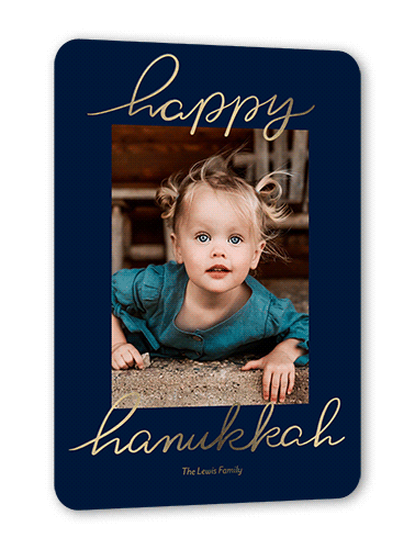 Foil Greetings Holiday Card, Blue, Gold Foil, 5x7, Hanukkah, Matte, Personalized Foil Cardstock, Rounded