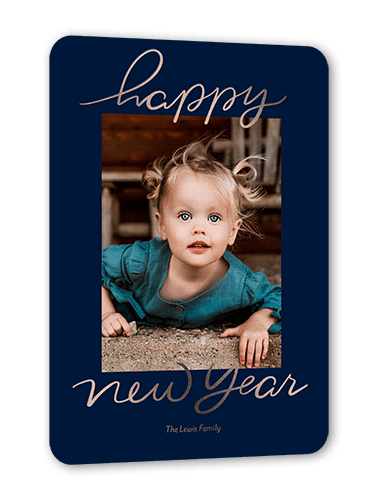 Foil Greetings Holiday Card, Rose Gold Foil, Blue, 5x7, New Year, Matte, Personalized Foil Cardstock, Rounded, Navy