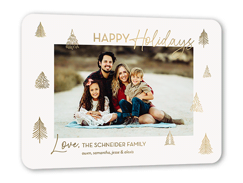 Scattered Trees Holiday Card, Grey, Gold Foil, 5x7, Holiday, Matte, Personalized Foil Cardstock, Rounded, Whisper Gray