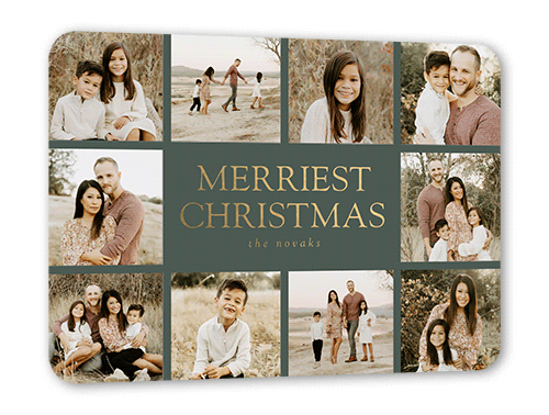 Editable Merriest Sentiment Holiday Card, Green, Gold Foil, 5x7, Christmas, Matte, Personalized Foil Cardstock, Rounded, Leaf