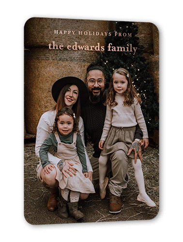 Unique Family Holiday Card, Rose Gold Foil, White, 5x7, Holiday, Matte, Personalized Foil Cardstock, Rounded