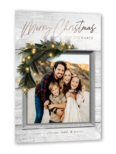 Rustic Foil Wreath Holiday Card, White, Rose Gold Foil, 5x7, Christmas, Matte, Personalized Foil Cardstock, Square