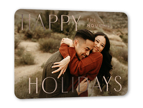 Bold Modern Sentiment Holiday Card, White, Rose Gold Foil, 5x7, Holiday, Matte, Personalized Foil Cardstock, Rounded