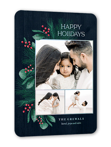 Evergreen Berries Holiday Card, Black, Iridescent Foil, 5x7, Holiday, Matte, Personalized Foil Cardstock, Rounded