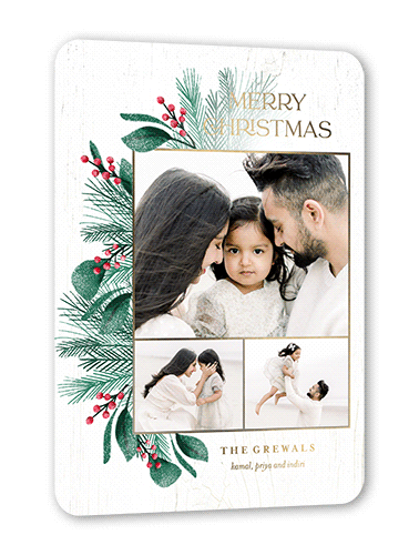 Evergreen Berries Holiday Card, White, Gold Foil, 5x7, Christmas, Matte, Personalized Foil Cardstock, Rounded