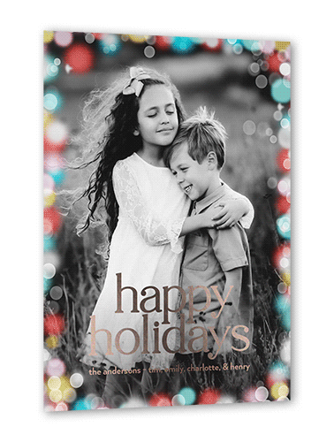Confetti Bokeh Holiday Card, Red, Rose Gold Foil, 5x7, Holiday, Matte, Personalized Foil Cardstock, Square, Bright Coral